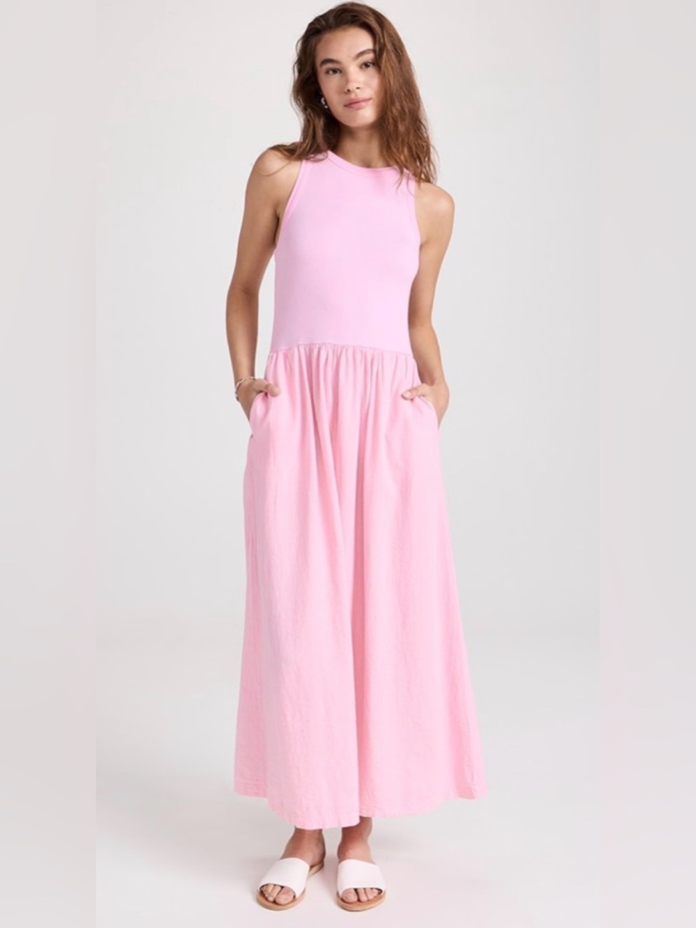 NEW Stateside Linen Mixed MediaHigh Neck Sleeveless Tank Maxi Dress W Pockets S